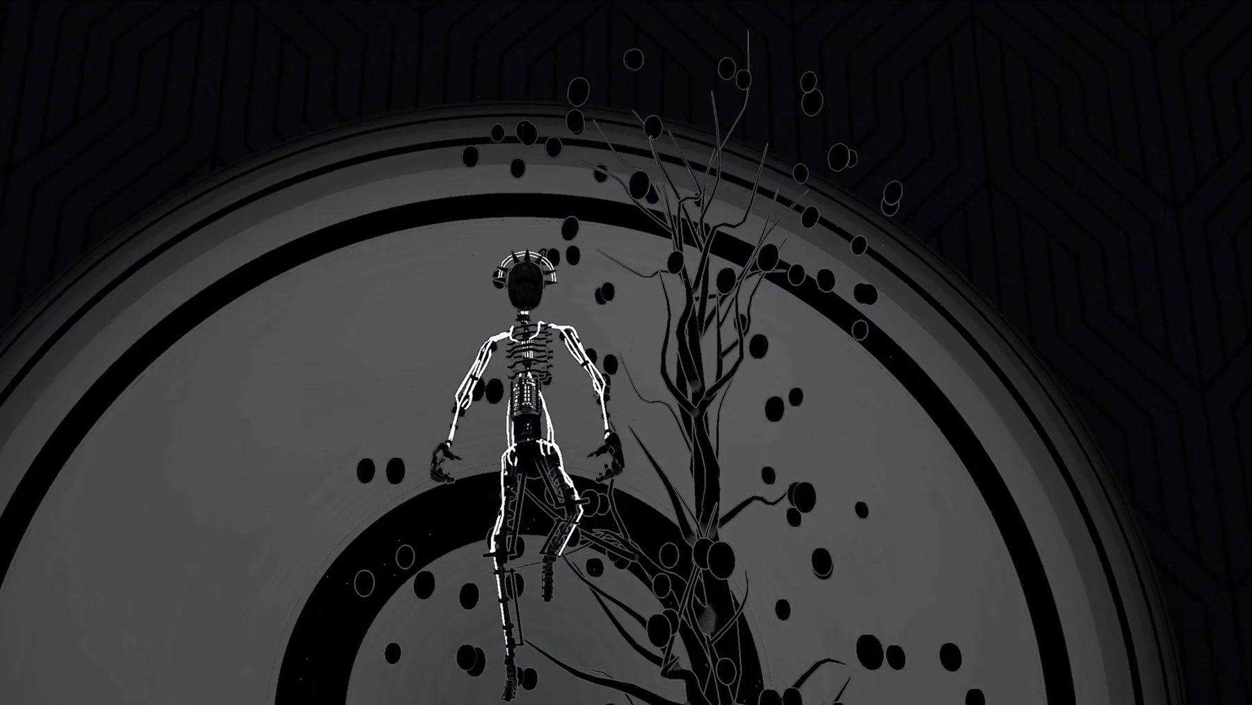 Gameplay screenshot: a skeletal android figure outlined in white floats before a large circular disc, beside a bare branching tree.